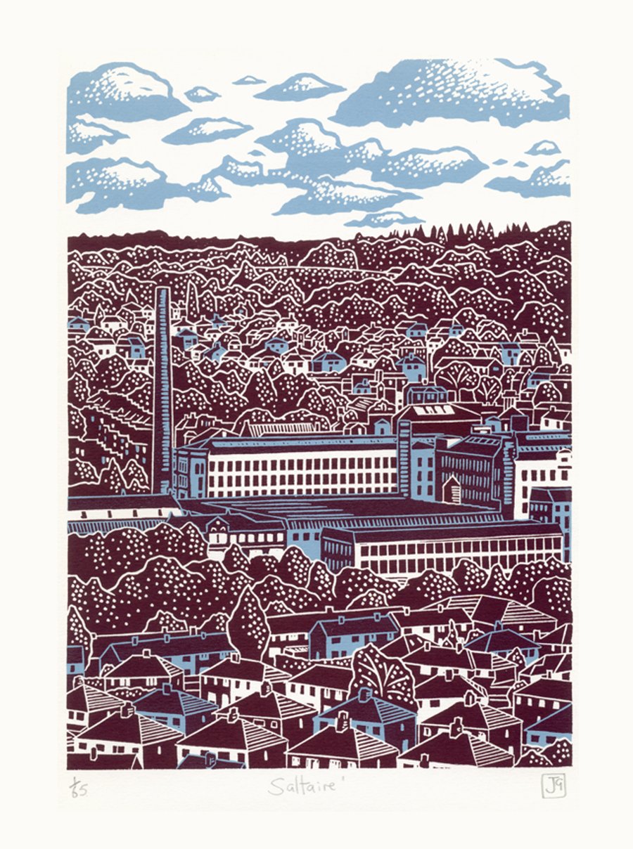 Saltaire two-colour A3 linocut screen-print