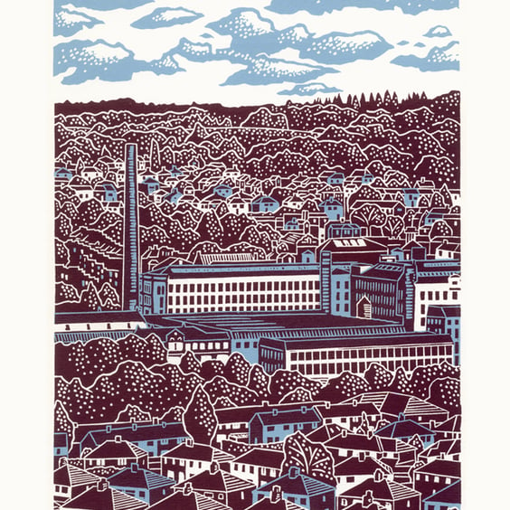 Saltaire two-colour A3 linocut screen-print