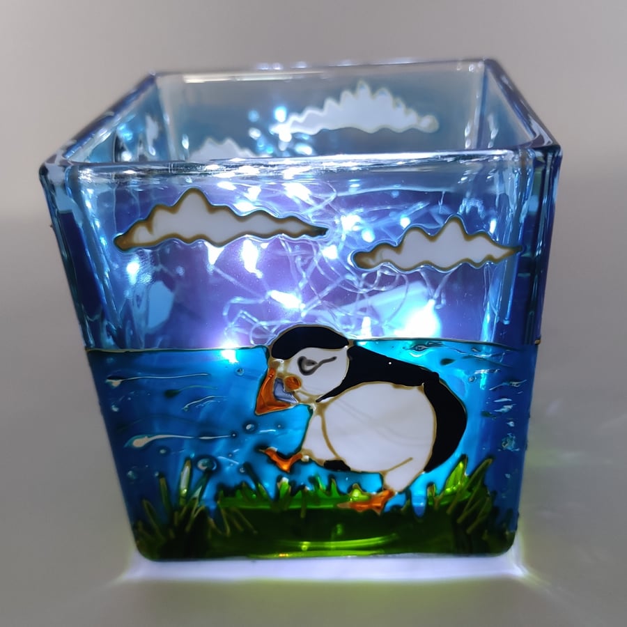 Candle holder, hand painted glass, puffins