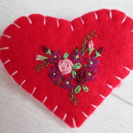 Red Felt Heart Brooch with Hand Embroidered Flowers