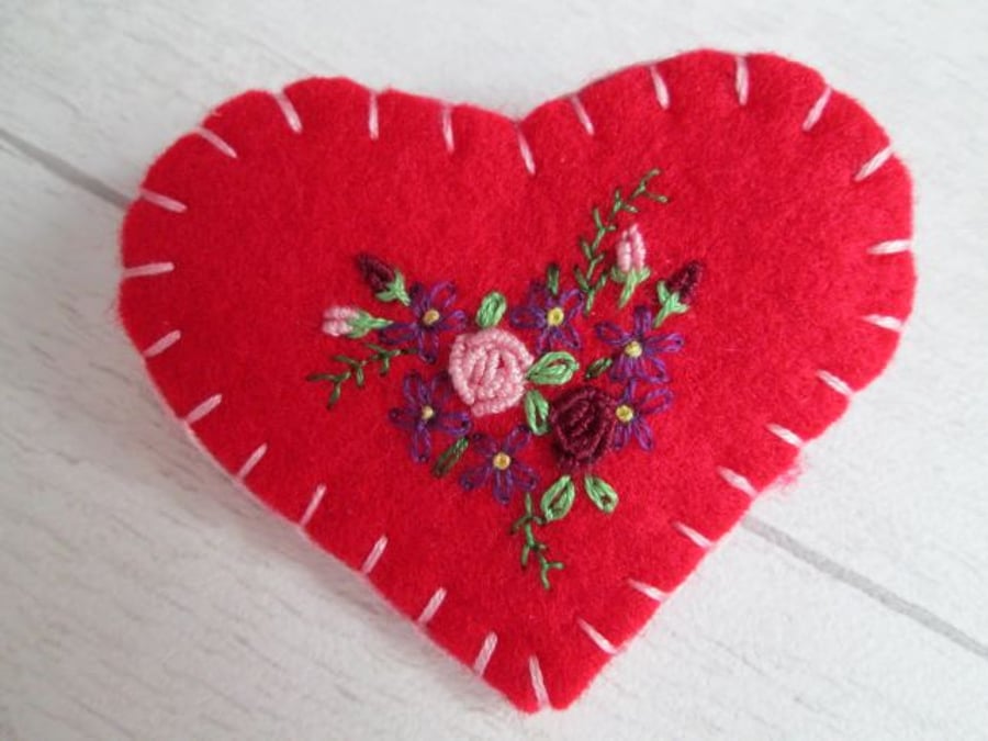 Red Felt Heart Brooch with Hand Embroidered Flowers