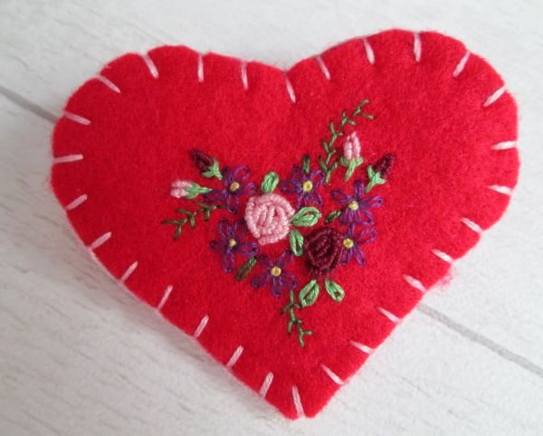 Red Felt Heart Brooch with Hand Embroidered Flowers