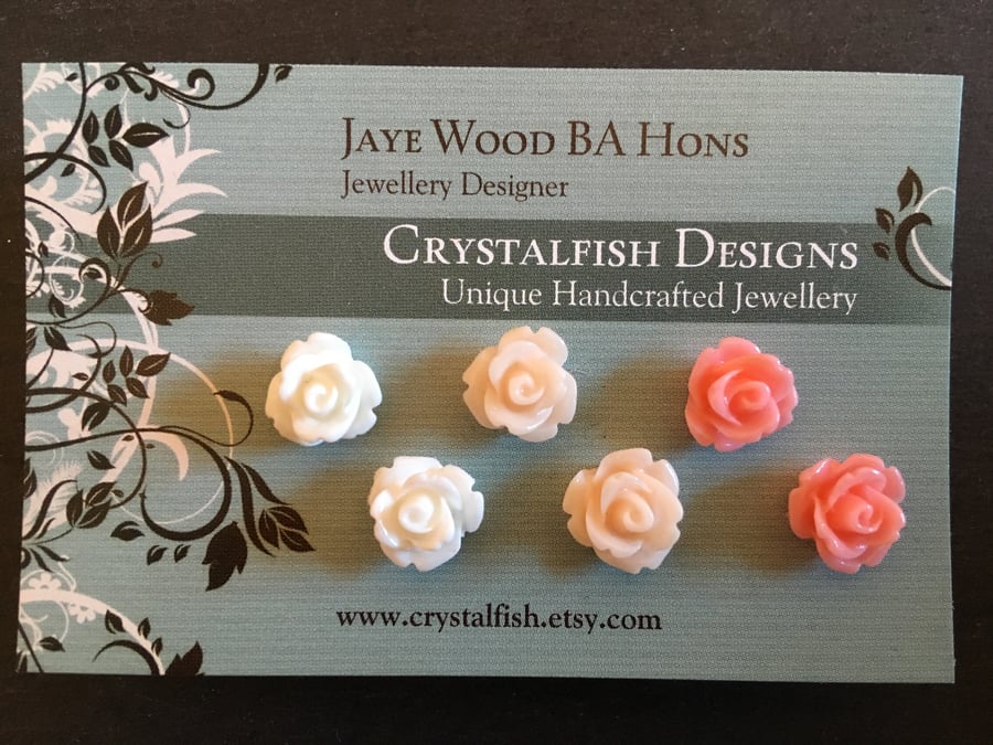 Rose earring trio Salmon, peach and ivory