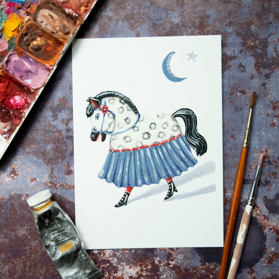 Illustrated mini print of a hobby horse called Jerry, hand embellished