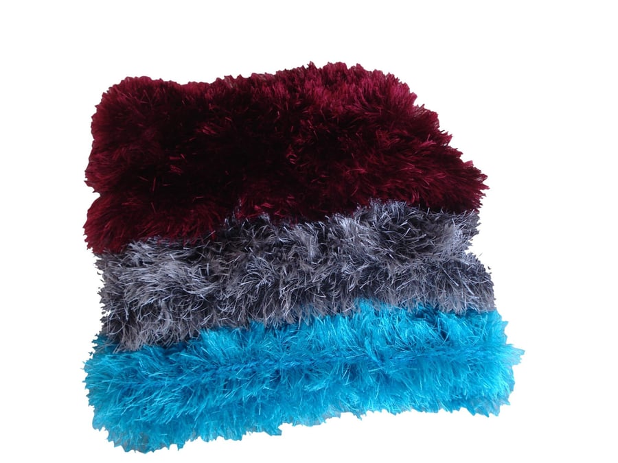 Hand Knitted Cowls Neck Warmers In Mock Fur Yarn In Three Colours