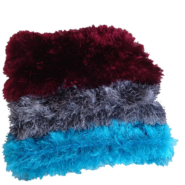 Hand Knitted Cowls Neck Warmers In Mock Fur Yarn In Three Colours