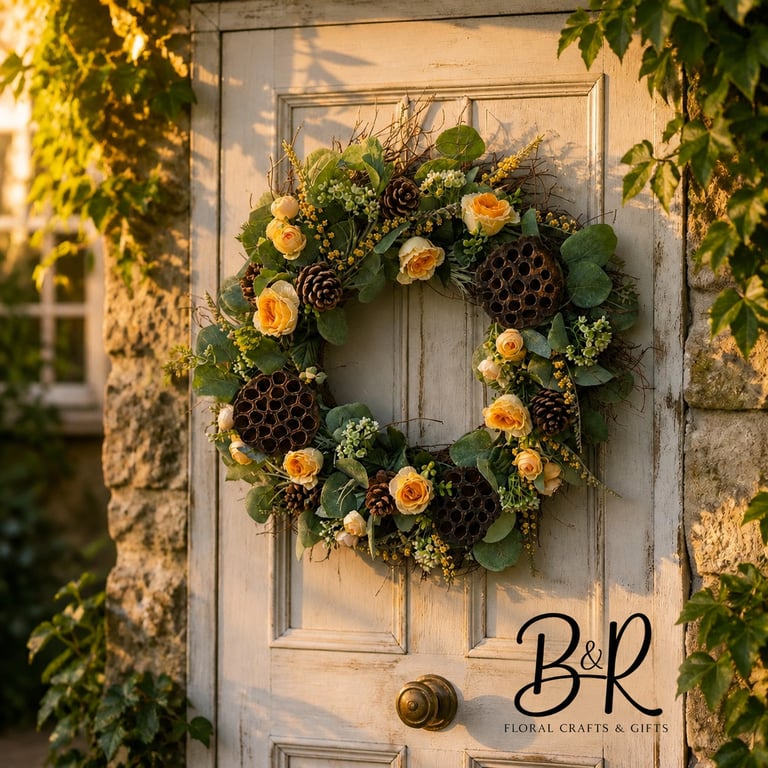 Handmade Rustic Autumn Wreath - Yellow Roses, Pine Cones, Farmhouse Door Decor