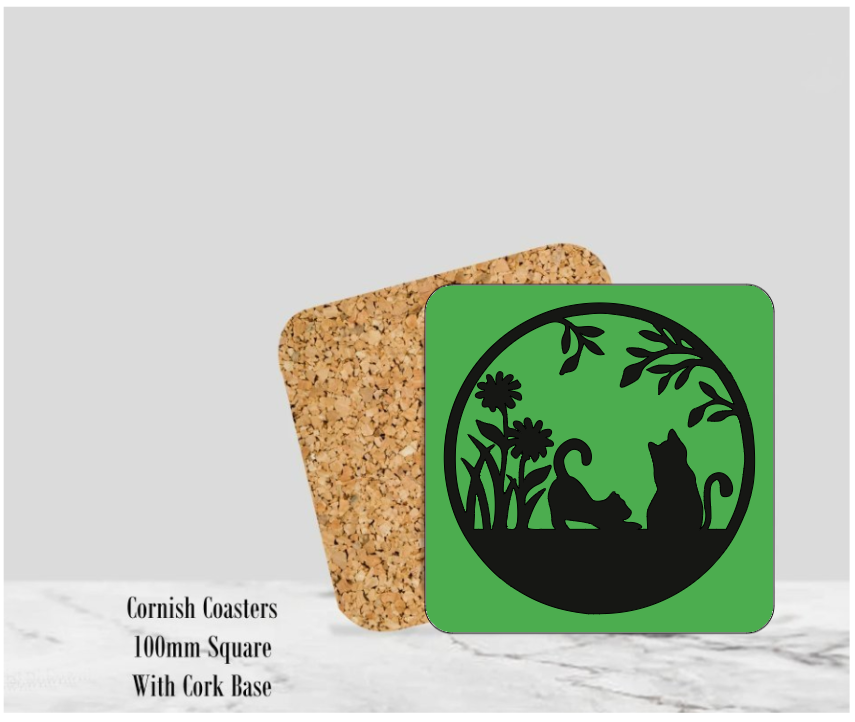 Green Silhouette Cats Coaster 4" Square With Cork Base