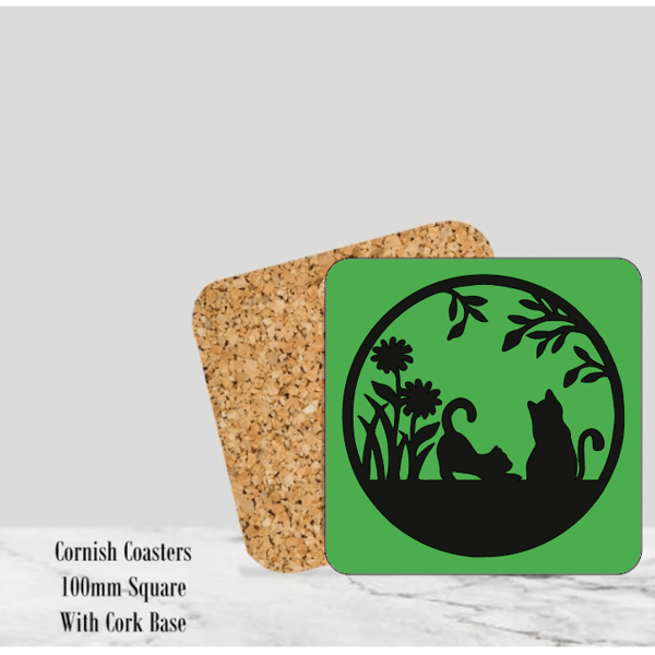 Green Silhouette Cats Coaster 4" Square With Cork Base