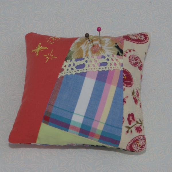 Pin Cushion in crazy patchwork with lace and embroidery