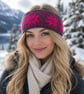 Ladies Hand-knitted Headband, Charcoal and Cerise Snowflake Design