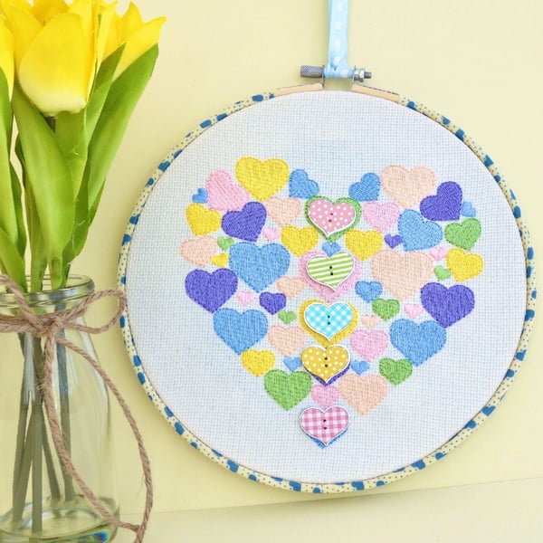 Hearts: Embroidery Hooped Decoration 20cm (8”) ready to hang