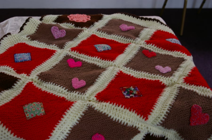 Blanket Throw hand knitted patchwork and applique