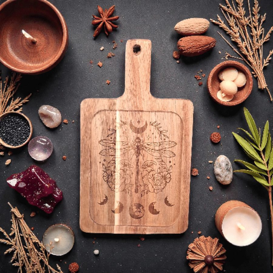 Mystical Dragonfly Acacia Mini Tray – Moon Phase Design