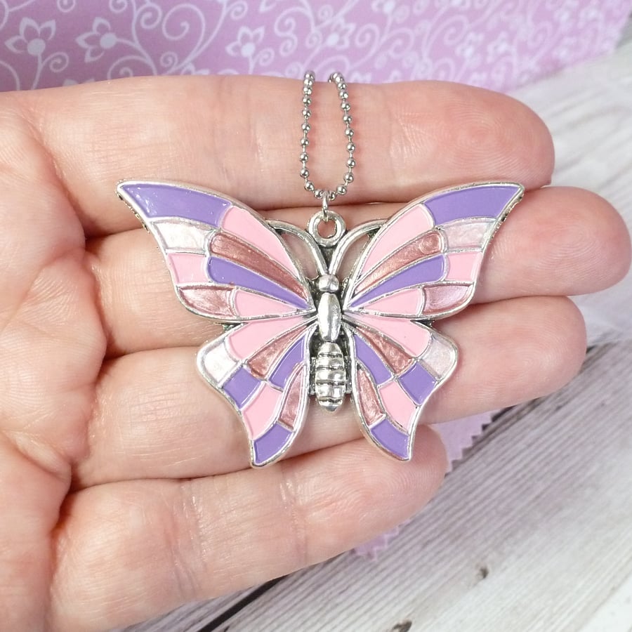 Lilac, pink and iridescent butterfly pendant, handpainted butterfly necklace 
