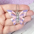 Lilac, pink and iridescent butterfly pendant, handpainted butterfly necklace 