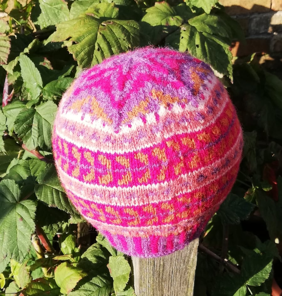 Fuschia Fair Isle Hand Knitted Hat in Shetland Wool