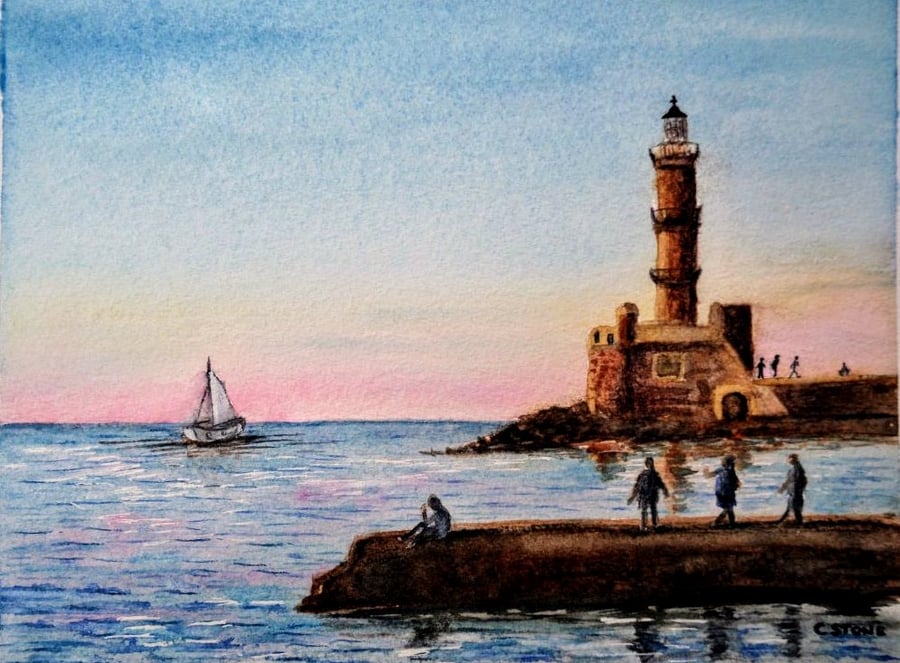 Original watercolour, Chania Lighthouse Crete at twilight Mediterranean scene