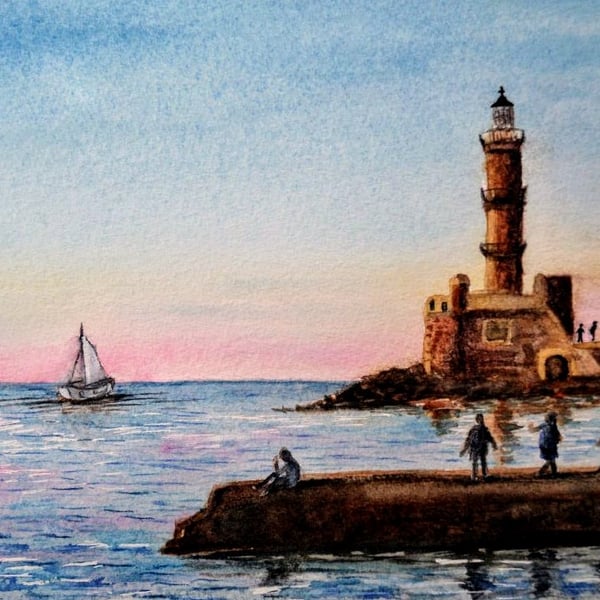 Original watercolour, Chania Lighthouse Crete at twilight Mediterranean scene