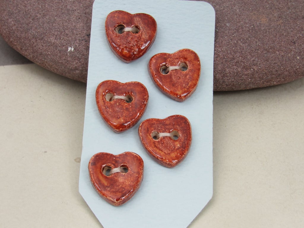 5 Small Heart Shaped Bright Copper Ceramic Buttons