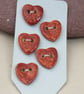 5 Small Heart Shaped Bright Copper Ceramic Buttons - Image 1