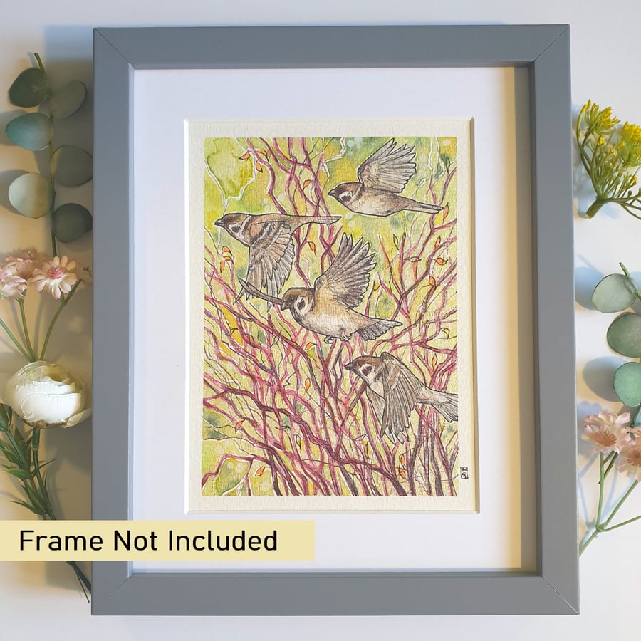 Sparrow flight original mixed media painting, bird artwork, wall art