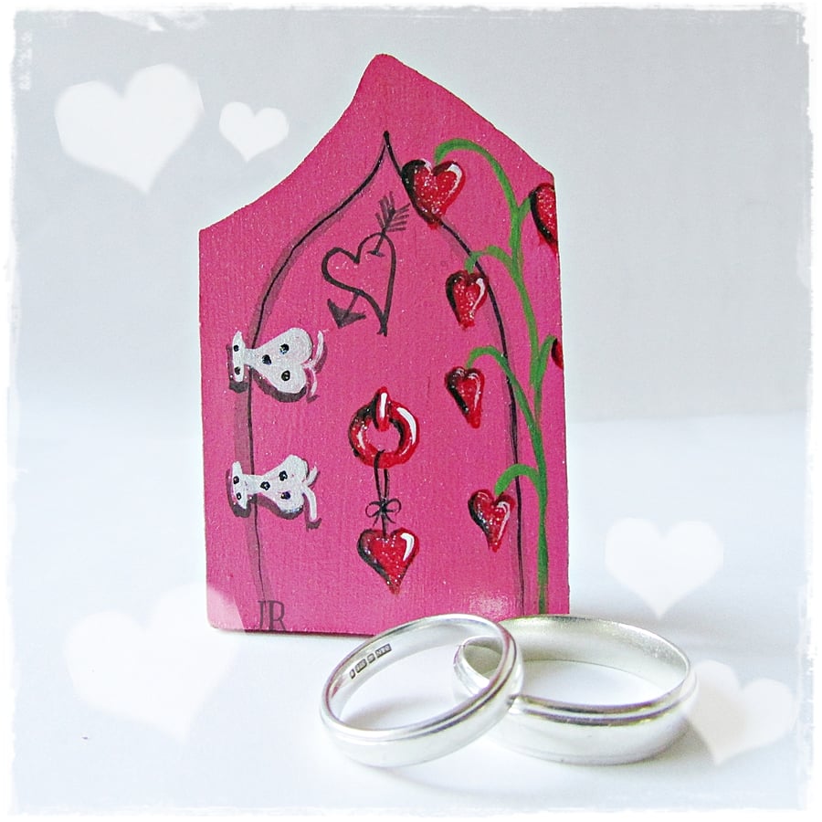 Pink Valentine Fairy Door, hand painted with Hearts in Red 