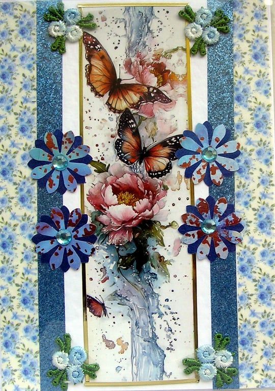 Butterfly on Flowers - Hand Crafted Decoupage Greeting Card - Blank 3796