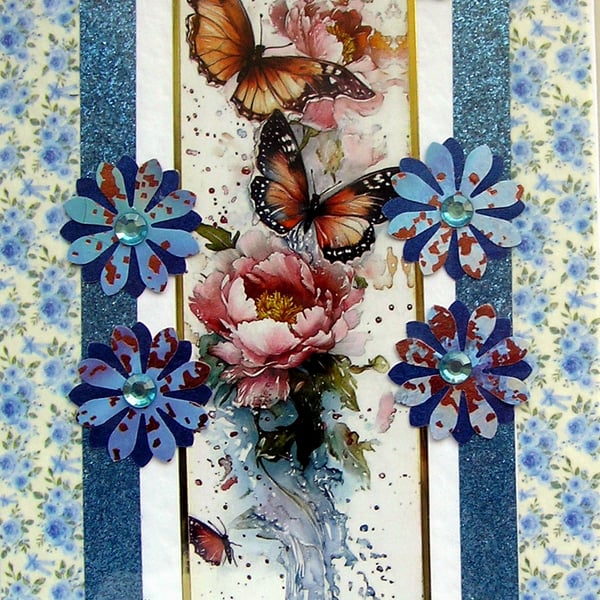 Butterfly on Flowers - Hand Crafted Decoupage Greeting Card - Blank 3796