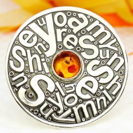 Silver Brooch, You Are My Sunshine Brooch, Handmade Sterling Silver  Amber 