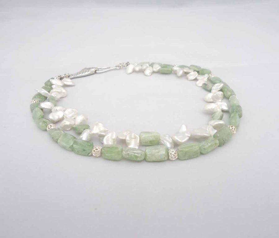 Green Kyanite and Pearls Necklace, Double Strand Necklace , Green and White