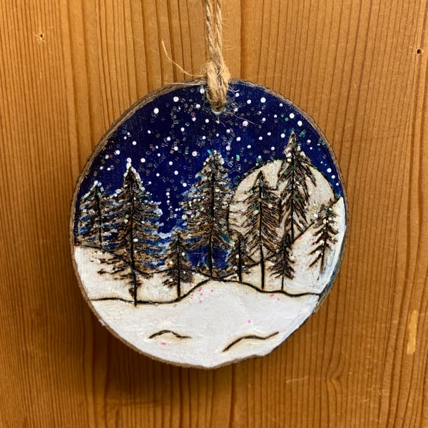 Moonlight wood burned tree decoration