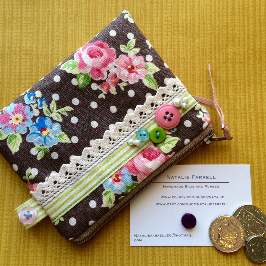Rose and Polka Dot Coin Purse with Lace