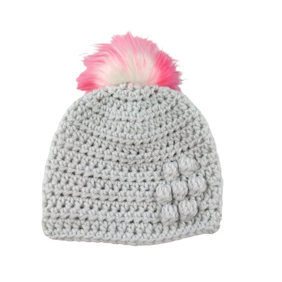 Light grey baby crocheted hat white faux fur pompom with purple & pink tips 