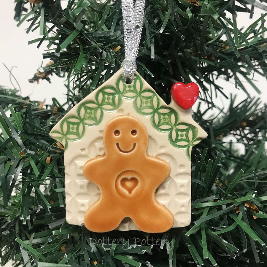 Ceramic gingerbread house decoration with Green roof