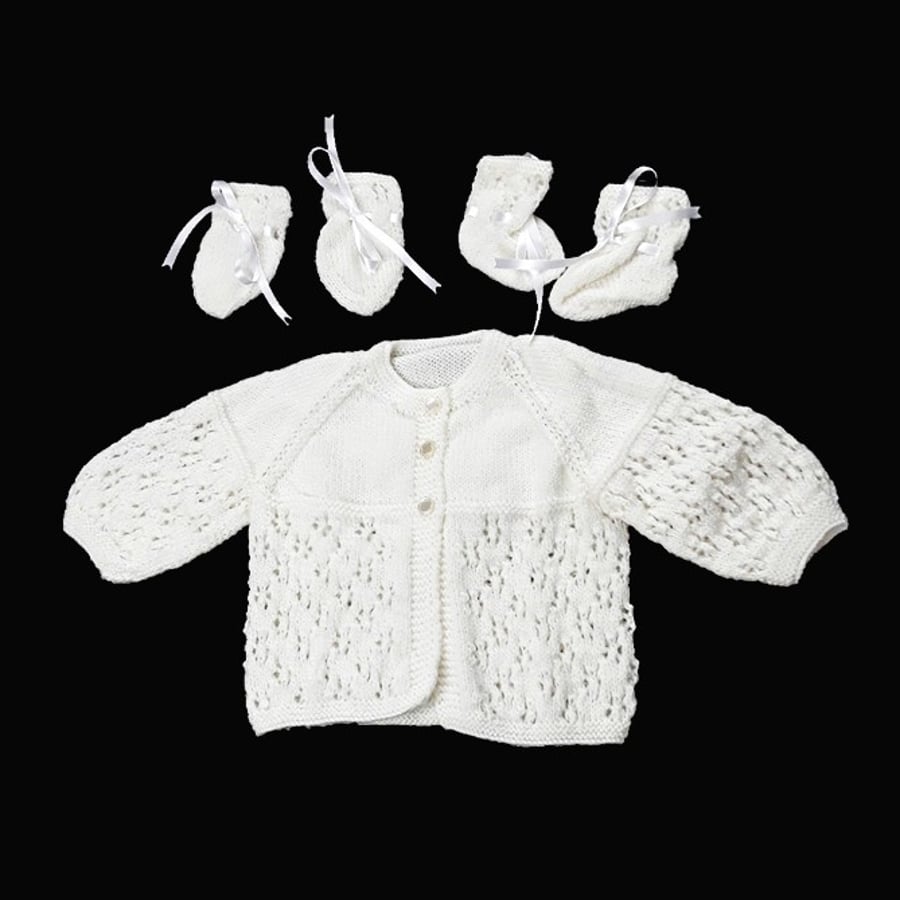 Cream baby matinee set hand knitted cardigan booties and mittens Seconds Sunday