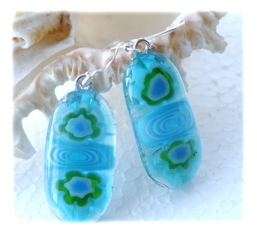 Earrings Fused Glass Millefioiri Handmade M012 Turquoise Flowers