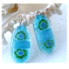 Earrings Fused Glass Millefioiri Handmade M012 Turquoise Flowers