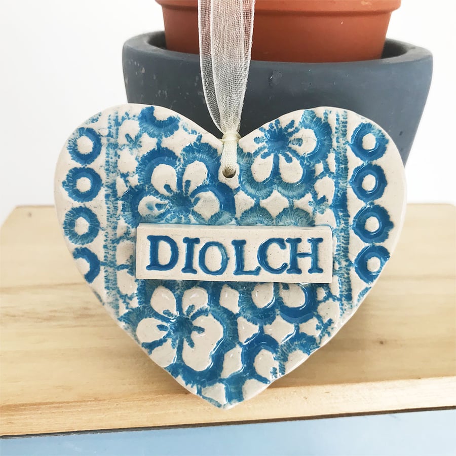 Ceramic heart floral decoration Diolch Teacher Gift Pottery heart