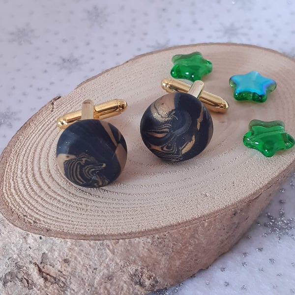 Polymer clay cufflinks in gold and black, comes with gift box