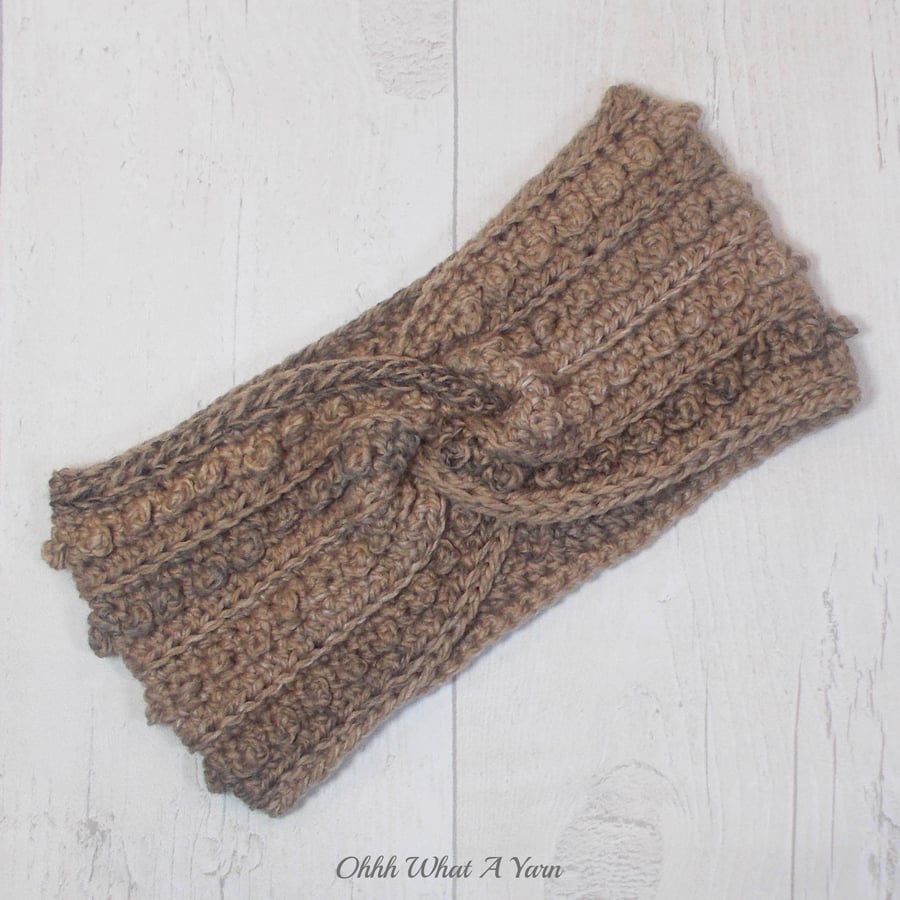 Ladies crochet brown shades twist ear warmer. Ear warmer. Brown headband.