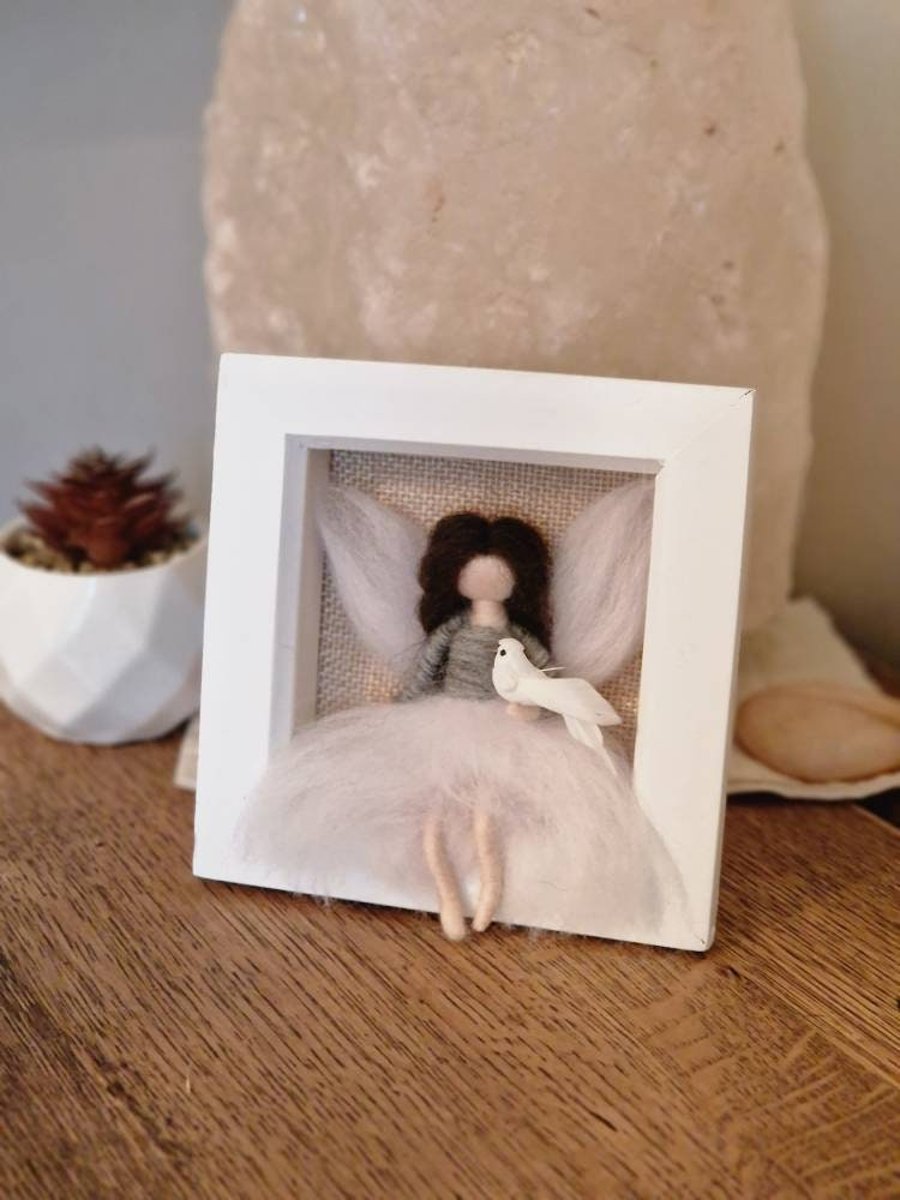 Needle felt fairy, fairy frame, framed fairy, Dove fairy, wool dolls, handmade d