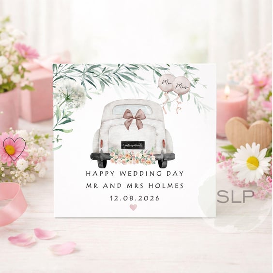 Personalised Wedding Day Card Mr & Mrs Wedding Car Card Custom Names and Date Fl