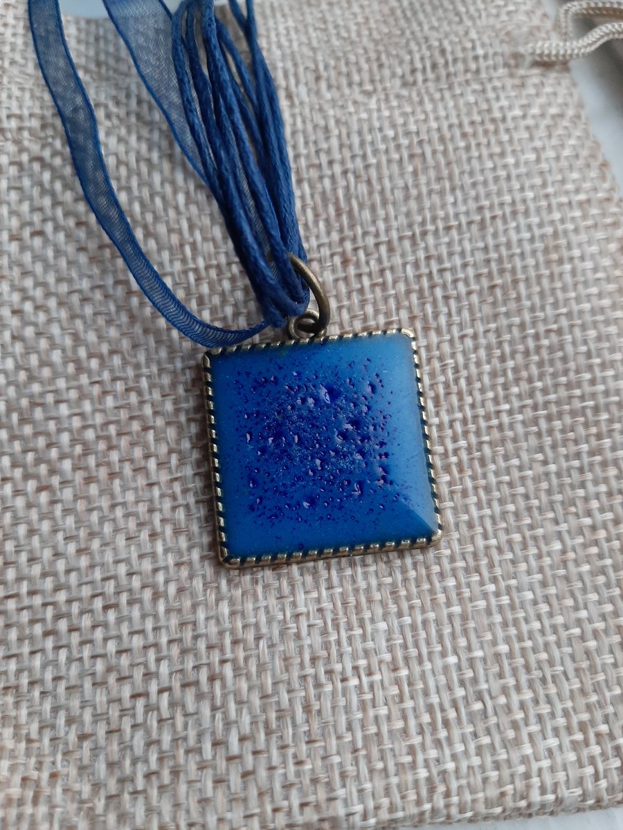 Unique Blue Square crackled  resin pendent with a ribbon necklace