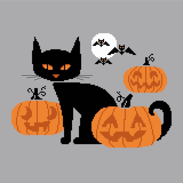 154 Easy Cross Stitch Pattern Happy Halloween Cute Cat in the Pumpkin Patch