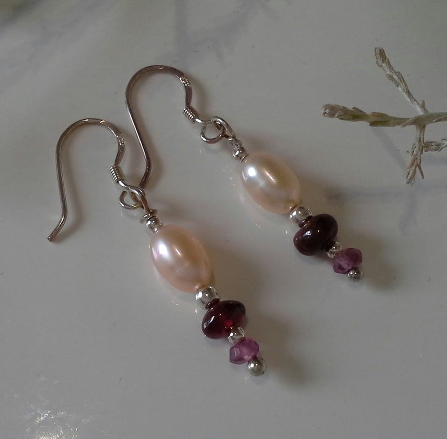 Feminine Rice Pearl, Rhodolite & Indian Red Garnet Earrings Sterling silver