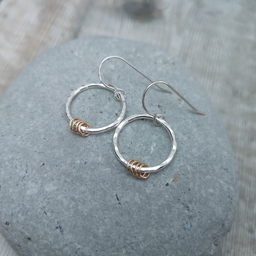 Sterling Silver and 9ct Gold Filled Hammered Circle Earrings