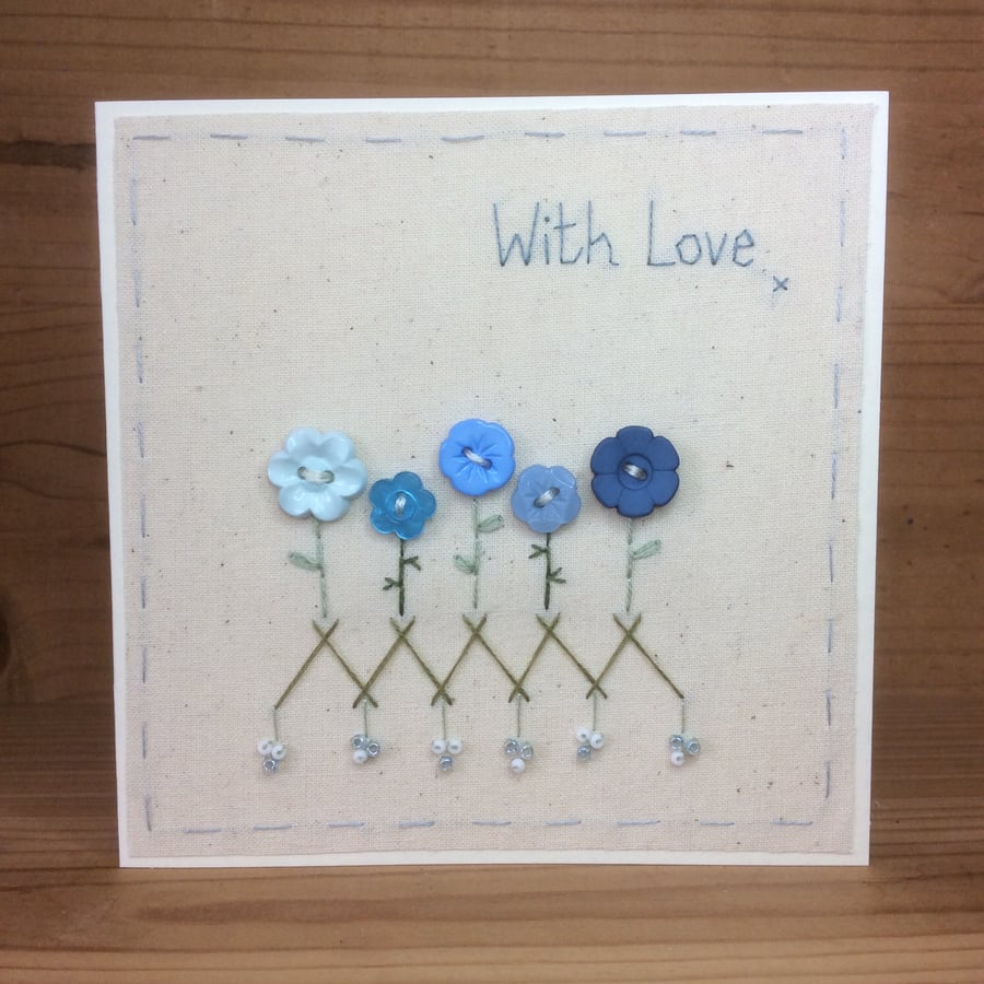 Flora blue buttons hand embroidered fabric card