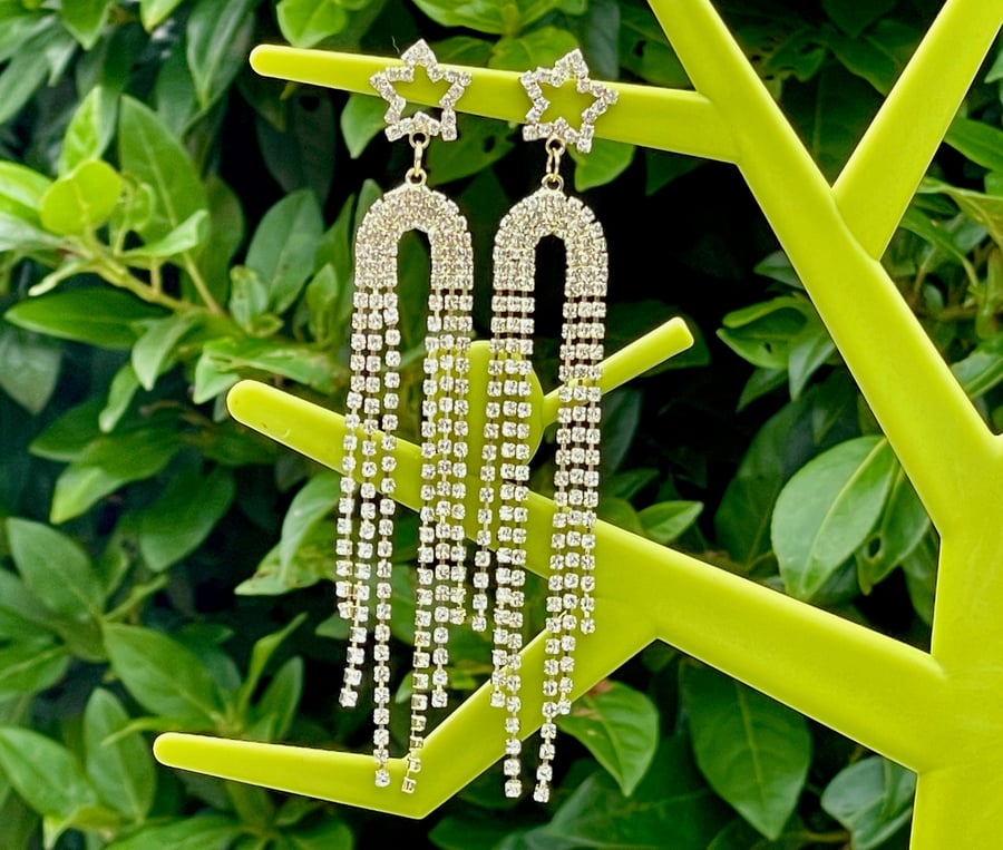 TENNIS EARRINGS CRYSTAL STAR chain fringe disco retro vibe gold plated clear