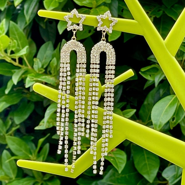 TENNIS EARRINGS CRYSTAL STAR chain fringe disco retro vibe gold plated clear
